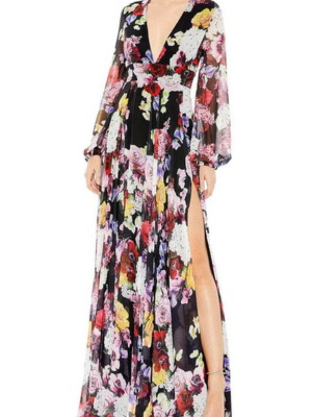 Mac Duggal Black Multi Floral Long Sleeve Chiffon Gown